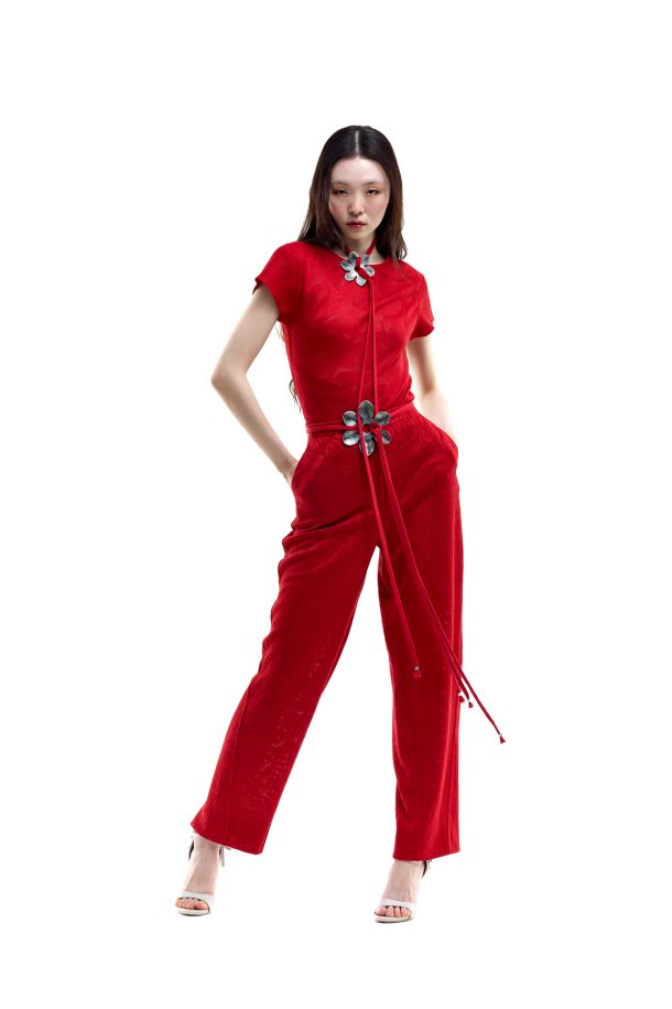 Roberta Redaelli spring summer 2026, RSA147 DINAMI-TECS jacquard knit balloon pants fiore piccolo corallo