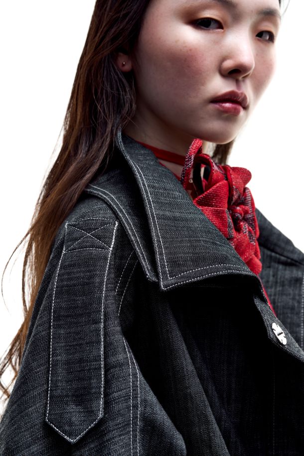 Roberta Redaelli spring summer 2026, RD512 Contrast-stitch denim bomber jacket with double collar nero