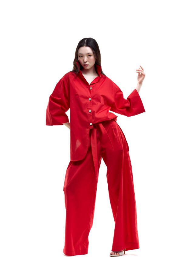 Roberta Redaelli spring summer 2026, RD511 Cotton Asymmetric shirt corallo