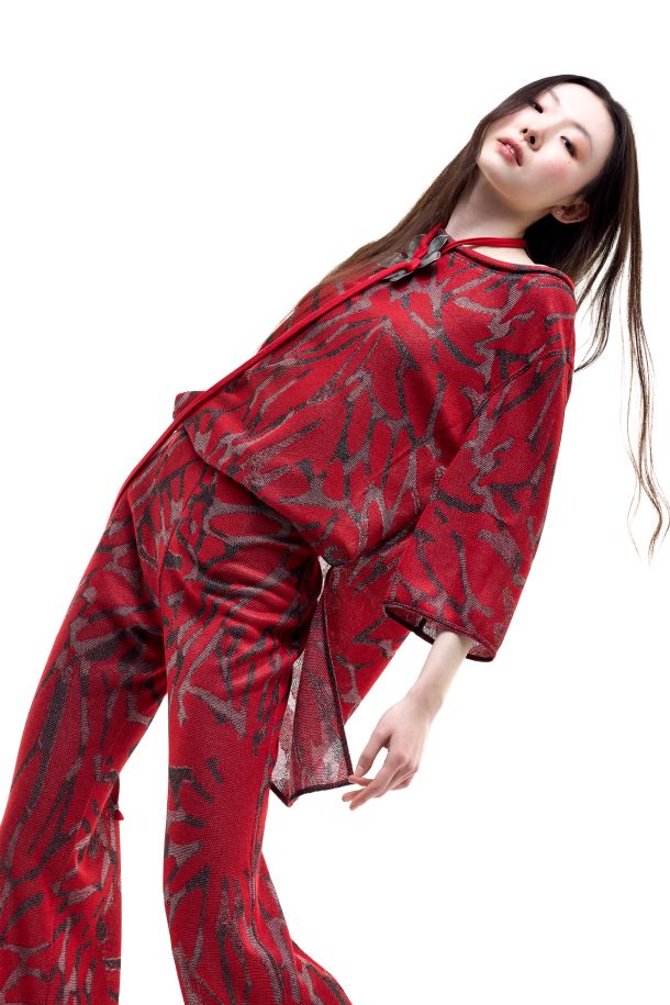 Roberta Redaelli spring summer 2026, R1367 Jacquard knit pullover fiore grande tricolore corallo