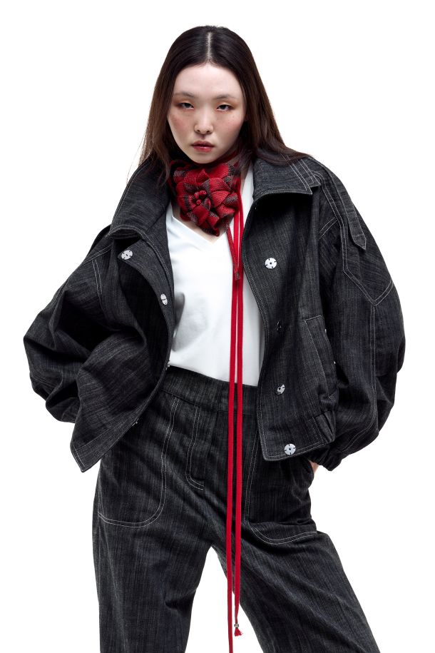 Roberta Redaelli spring summer 2026, RD512 Contrast-stitch denim bomber jacket with double collar nero