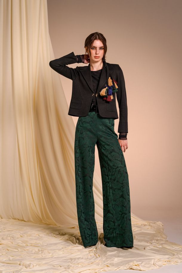 Roberta Redaelli AUTUNNO INVERNO 2025-26, RSA141 pantaloni palazzo con tasche in maglia jacquard dinami-tecs broccato malachite