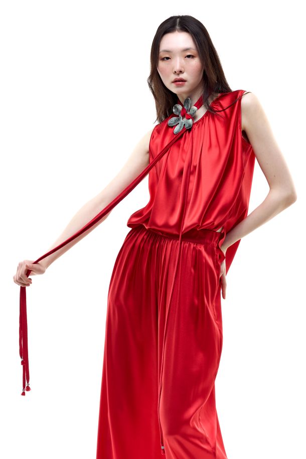 Roberta Redaelli primavera estate 2026, RD503 top arriccio in seta corallo