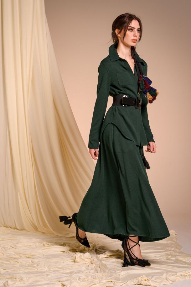 Roberta Redaelli AUTUNNO INVERNO 2025-26, R1352 gonna campana con tasche e nappine in maglia malachite