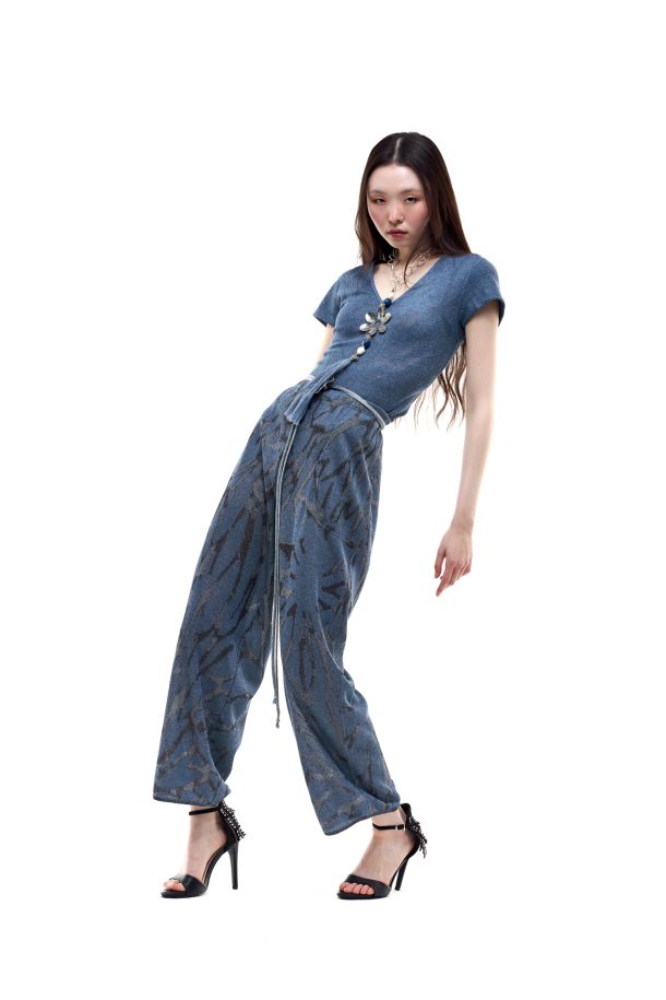 Roberta Redaelli primavera estate 2026, R1364 pantaloni balloon con tasche in maglia jacquard fiore grande tricolore jeans