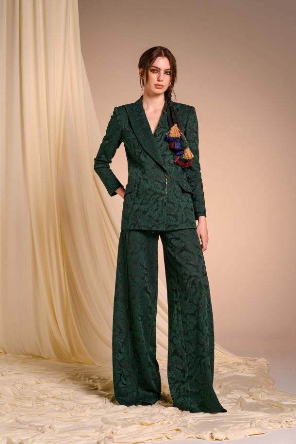 Roberta Redaelli AUTUNNO INVERNO 2025-26, RSA141 pantaloni palazzo con tasche in jacquard maglia dinami-tecs broccato malachite