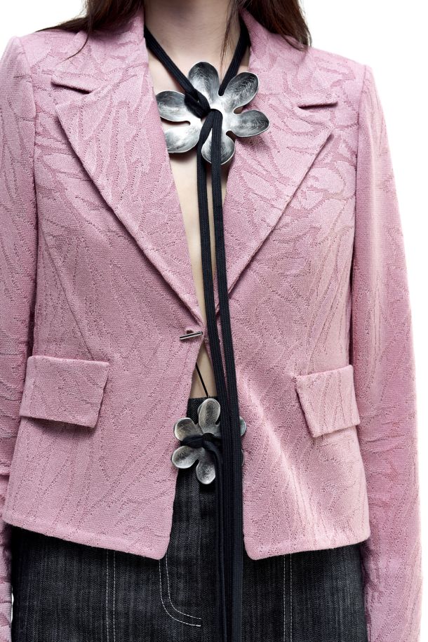 Roberta Redaelli primavera estate 2026, R1360 giacca scatoletta con gemello in maglia jacquard dinami-tecs fiore piccolo quarzo