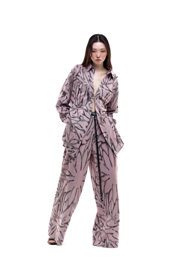 Roberta Redaelli primavera estate 2026, R1362 pantaloni larghi con pieghe e tasche in maglia jacquard fiore grande tricolore quarzo