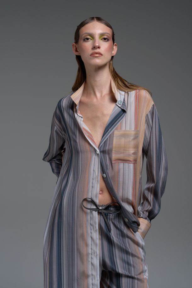 Roberta spring summer 2025 Ambrosia, RD480 Silk shirt dress rigato miele