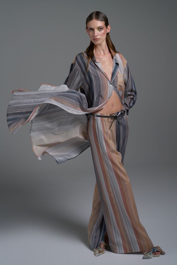 Roberta Redaelli spring summer 2025, RD480 Silk shirt dress rigato miele