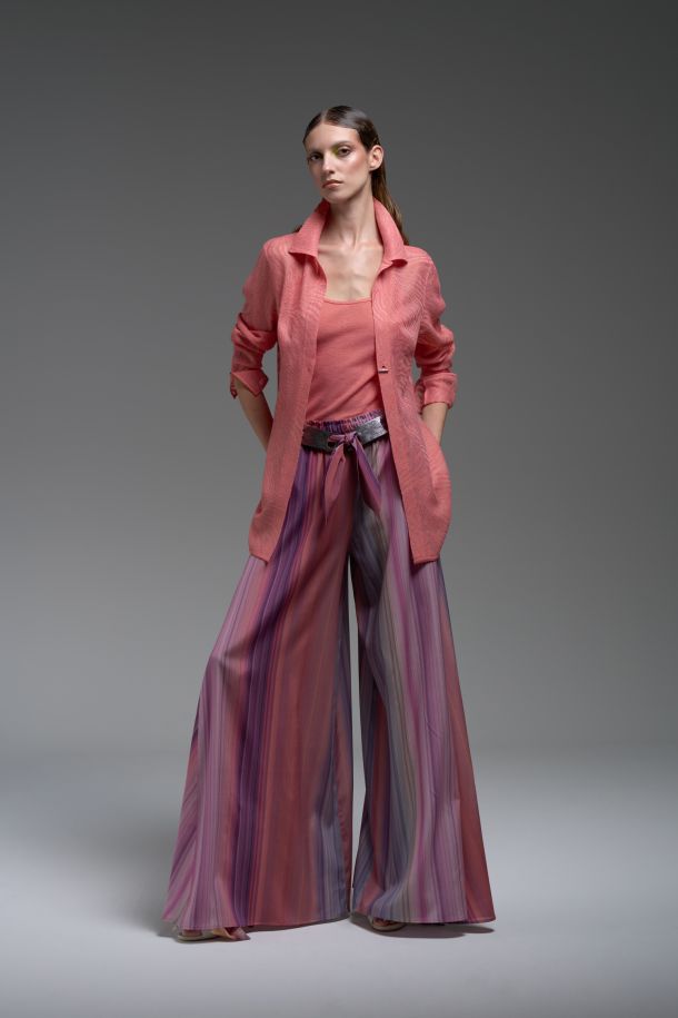Roberta Redaelli spring summer 2025 Ambrosia, RD483 silk big cone pants rigato bitter