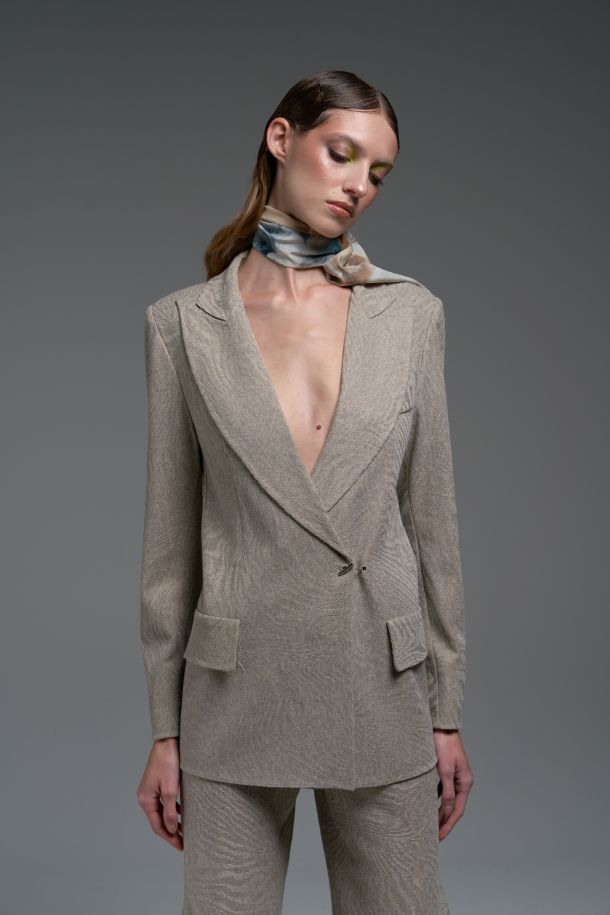 Roberta Redaelli spring summer 2025 Ambrosia, RSA139 DINAMI-TECS jacquard knit double-breasted jacket with cufflinks miele