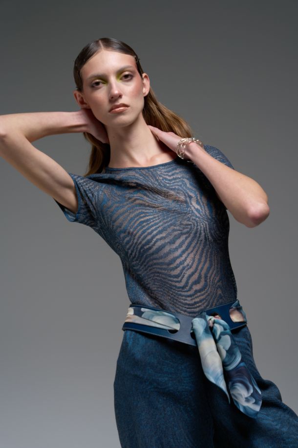 Roberta Redaelli spring summer 2025 Ambrosia, R1338 Jacquard knit round neckline Top goccia
