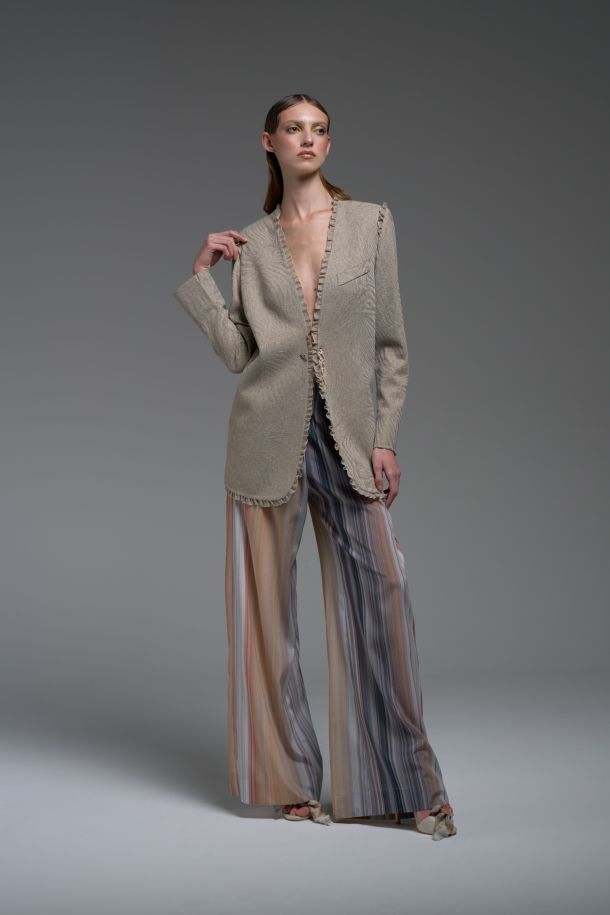 Roberta Redaelli spring summer 2025 Ambrosia, RD475 Silk straight pants rigato miele