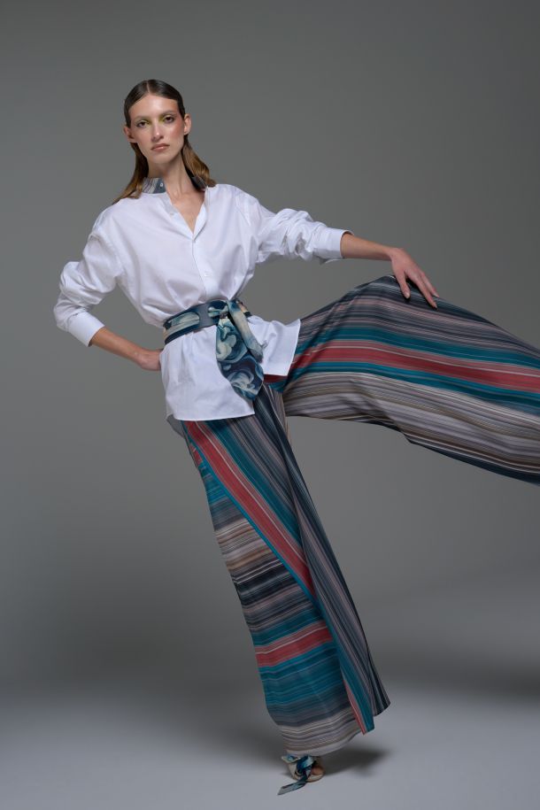 Roberta Redaelli spring summer 2025 Ambrosia, RD484  Silk small cone pants rigato goccia