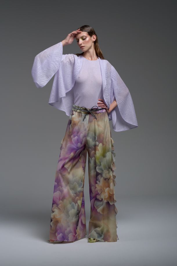 Roberta Redaelli primavera estate 2025 Ambrosia, RD472 pantaloni in seta con rouches ful fianco in georgette di seta ambrosia anice