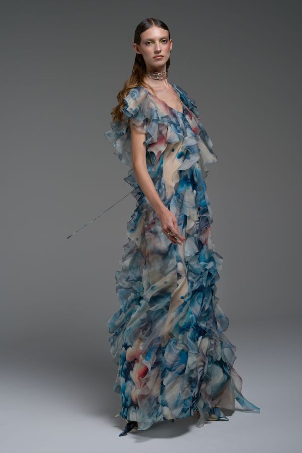 Roberta Redaelli spring summer 2025 Ambrosia, RD466 Silk evening gown with silk creponne ruffles and rear drawstringambrosia gocia