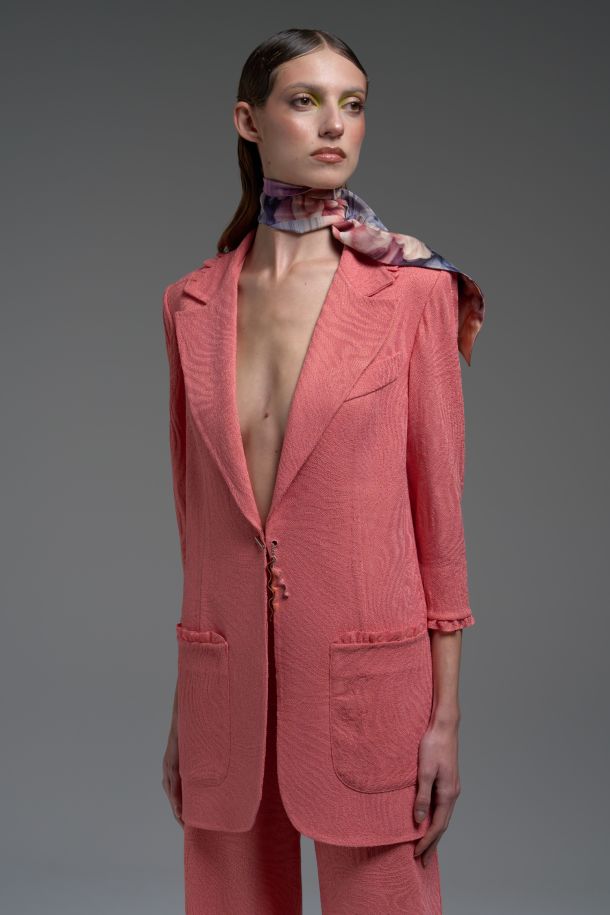 Roberta Redaelli spring summer 2025 Ambrosia, RSA133 DINAMI-TECS jacquard knit jacket with ruffles bitter
