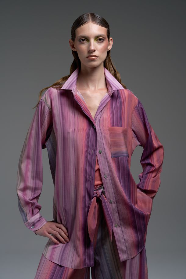 Roberta Redaelli spring summer 2025 Ambrosia, RD479 Men's silk shirt with a large pocket rigato bitter