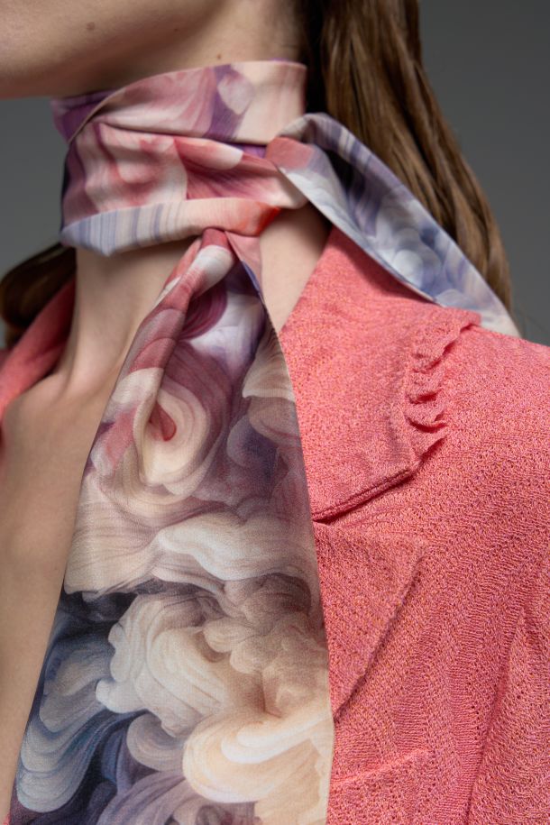 Roberta Redaelli spring summer 2025 Ambrosia, RSA133 DINAMI-TECS jacquard knit jacket with ruffles bitter