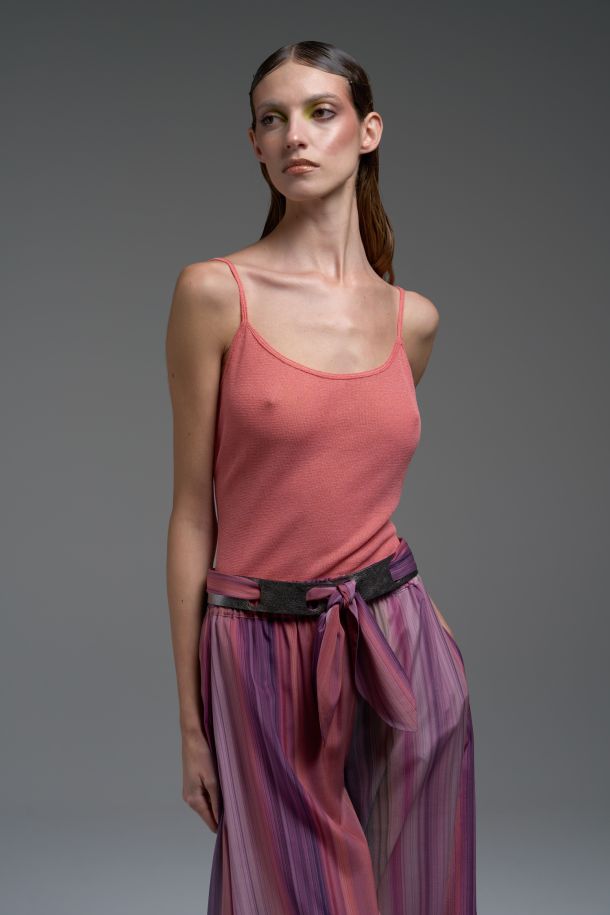 Roberta Redaelli spring summer 2025 Ambrosia, R1202/2 Knit top - leather belt with silk scarf rigato bitter