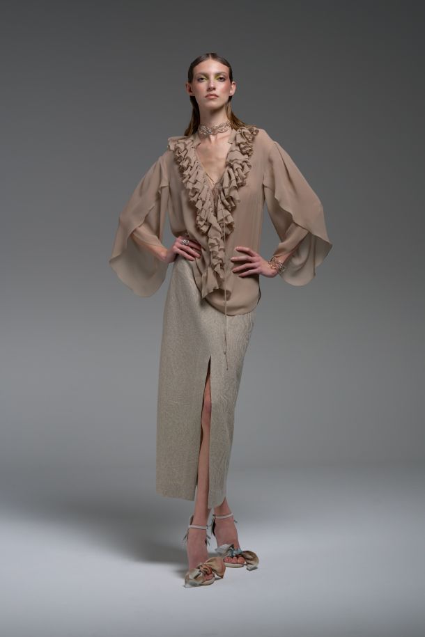 Roberta Redaelli spring summer 2025 Ambrosia, RSA138 DINAMI-TECS jacquard knit skirt with front slit miele