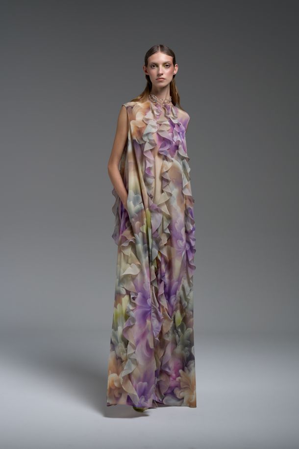 Roberta Redaelli spring summer 2025 Ambrosia, RD468 Sleeveless silk trapeze dress with silk georgette ruffles ambrosia anice