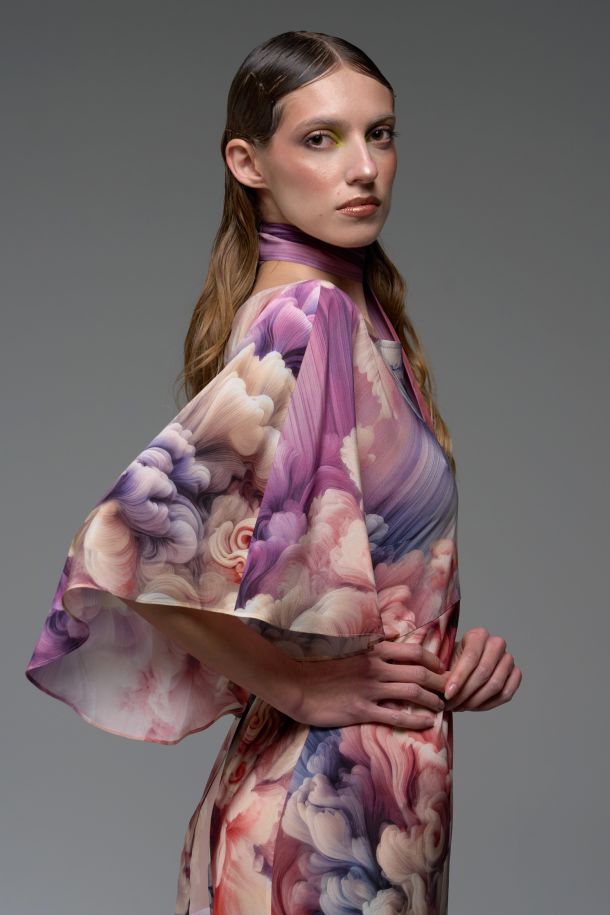Roberta Redaelli spring summer 2025 Ambrosia, RD474 Silk Bias-cut dress with bell sleeves and a rear bow ambrosia bitter