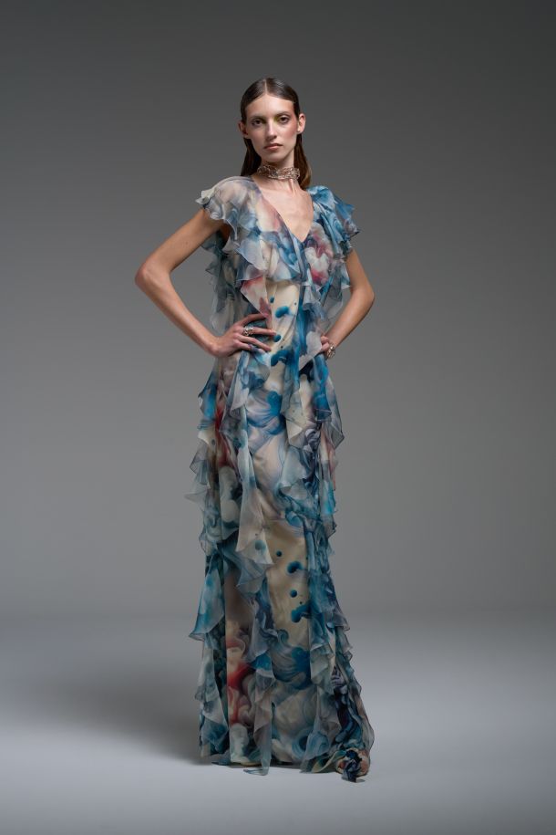 Roberta Redaelli spring summer 2025 Ambrosia, RD466 Silk evening gown with silk creponne ruffles and rear drawstring ambrosia goccia