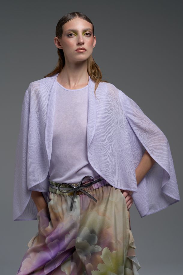 Roberta Redaelli primavera estate 2025 Ambrosia, R134Jacquard knit cape with petal sleeves anice - APC162 bow tie belt argento brunito