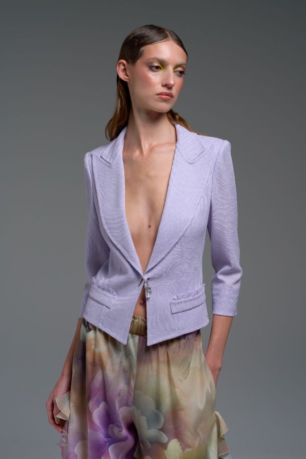 Roberta Redaelli primavera estate 2025 Ambrosia, RSA14DINAMI-TECS jacquard knit short single-breasted jacket anice