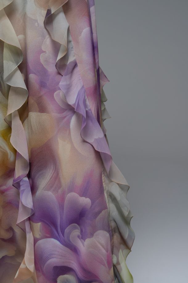 Roberta Redaelli spring summer 2025 Ambrosia, RD468 Sleeveless silk trapeze dress with silk georgette ruffles ambrosia anice