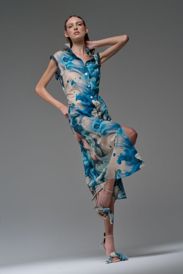 Roberta Redaelli spring summer 2025 Ambrosia, RD467 Sleeveless cotton shirt dress with rear drawstring ambrosia goccia
