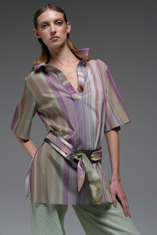 Roberta Redaelli spring summer 2025 Ambrosia, RD473 Silk polo shirt rigato anice - APC159/3 leather belt with silk scarf