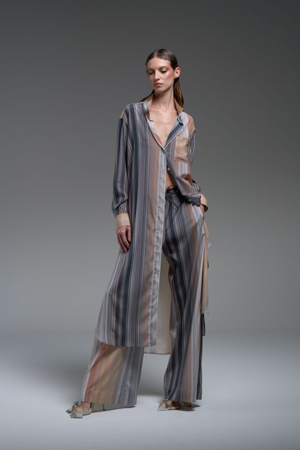Roberta Redaelli spring summer 2025 Ambrosia, RD480 Silk shirt dress rigato miele